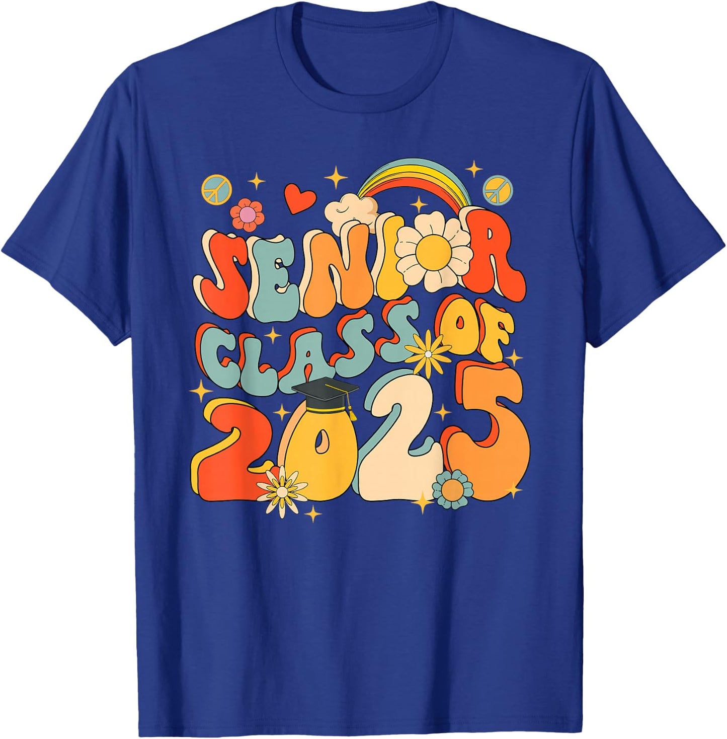 Senior 25 Class Of 2025 Graduation School Retro Groovy T-Shirt - T-Shirt | Royal