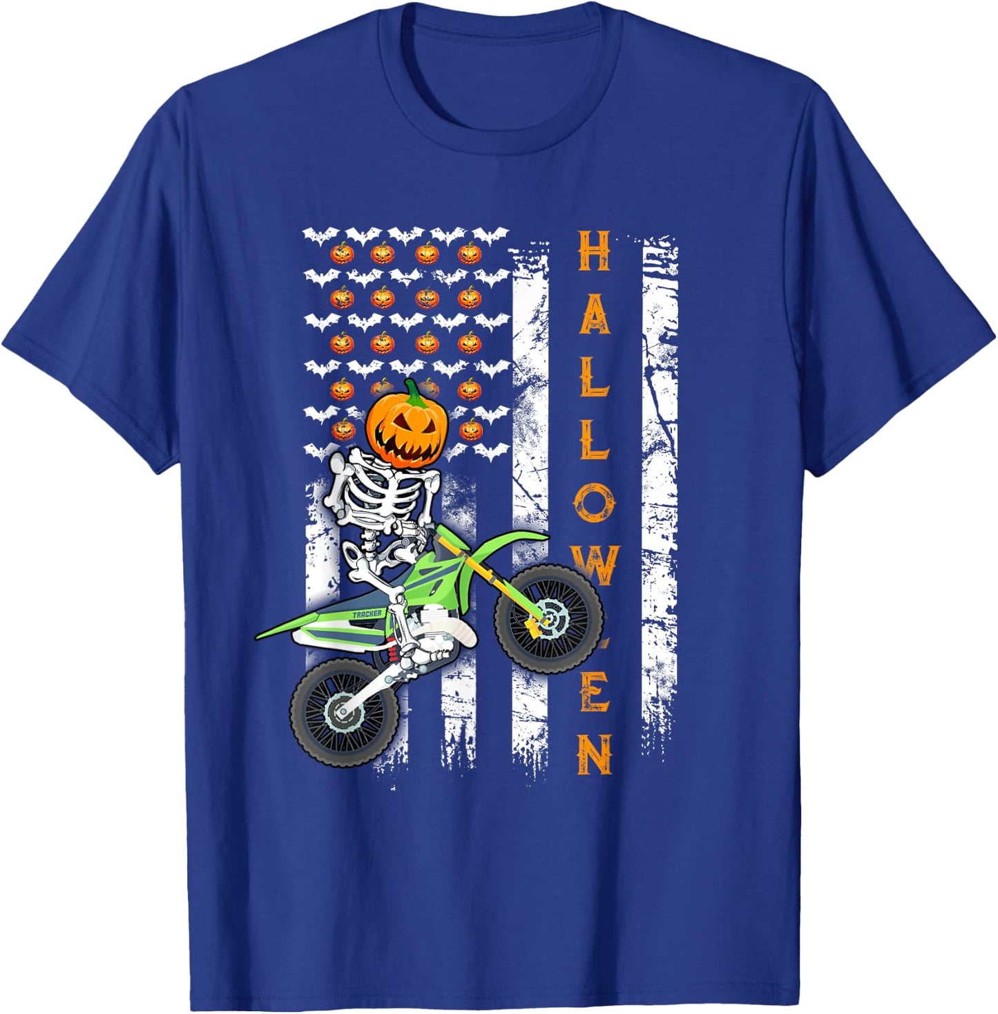 US Flag Skeleton Dirt Bike Halloween Motocross Biker T-Shirt - T-Shirt | Royal