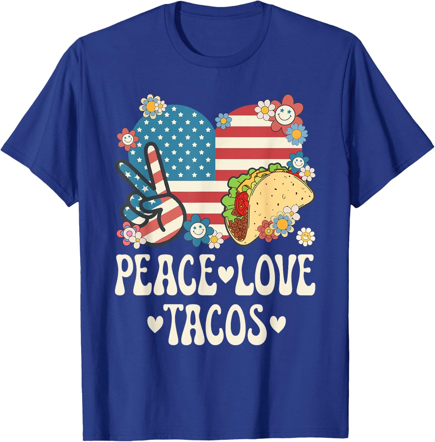 Peace Love Tacos American Flag Taco Tuesday Retro Taco Lover T-Shirt - T-Shirt | Royal