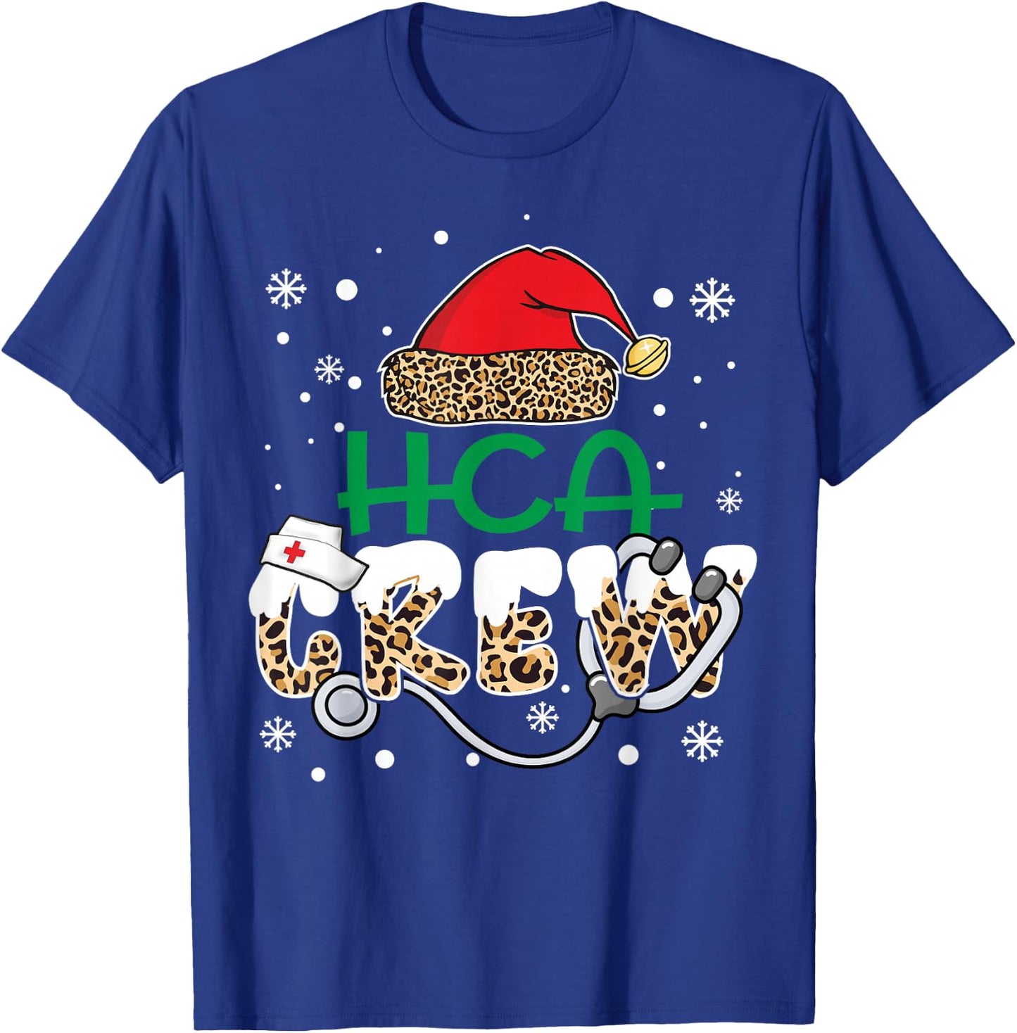 HCA Crew Leopard Santa Hat Stethoscope Funny Nurse Christmas T-Shirt - T-Shirt | Royal