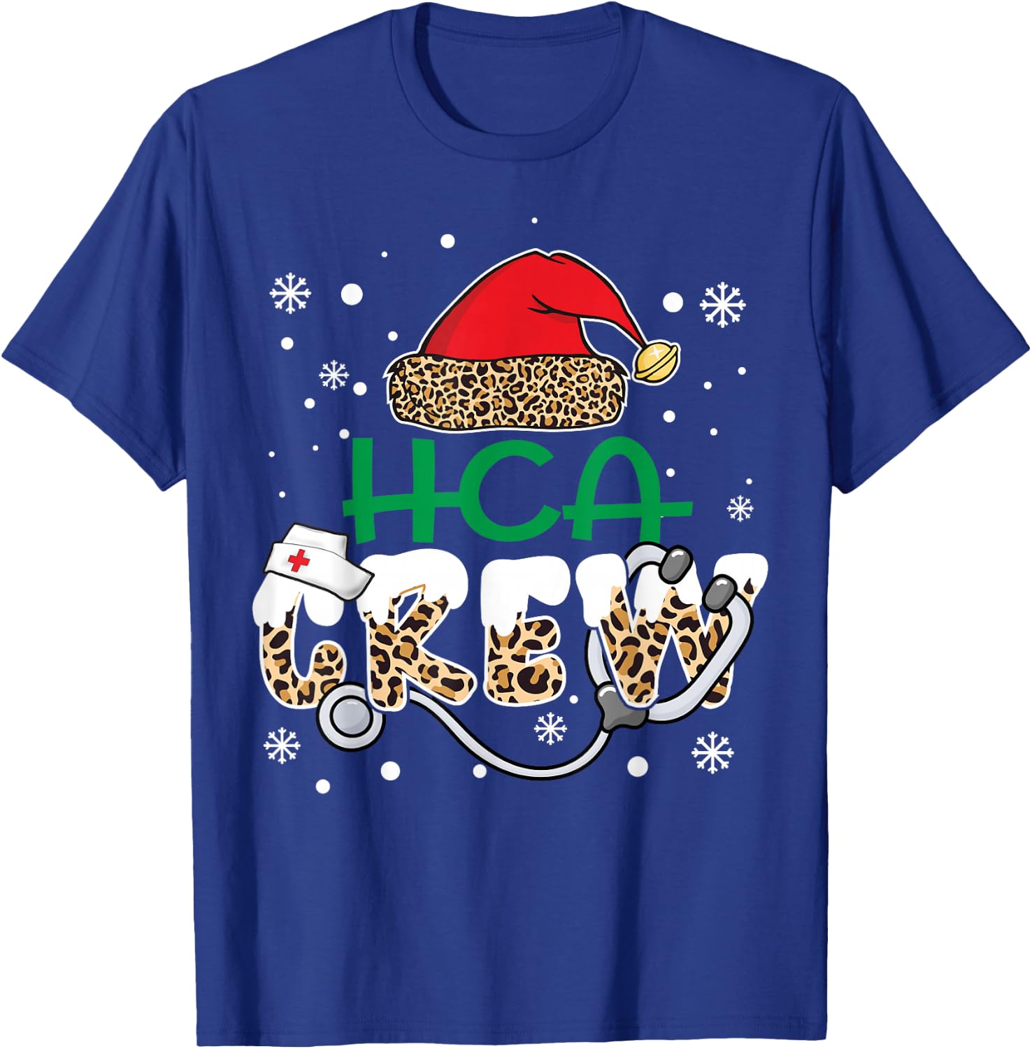 HCA Crew Leopard Santa Hat Stethoscope Funny Nurse Christmas T-Shirt - T-Shirt | Royal