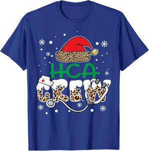 HCA Crew Leopard Santa Hat Stethoscope Funny Nurse Christmas T-Shirt - T-Shirt | Royal