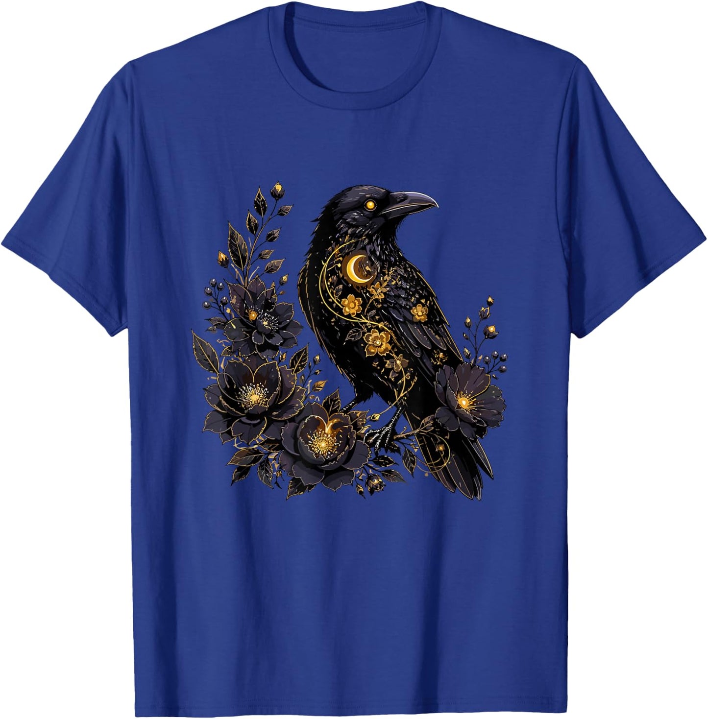 Celestial Raven with Moon and Dark Flowers T-Shirt - T-Shirt | Royal