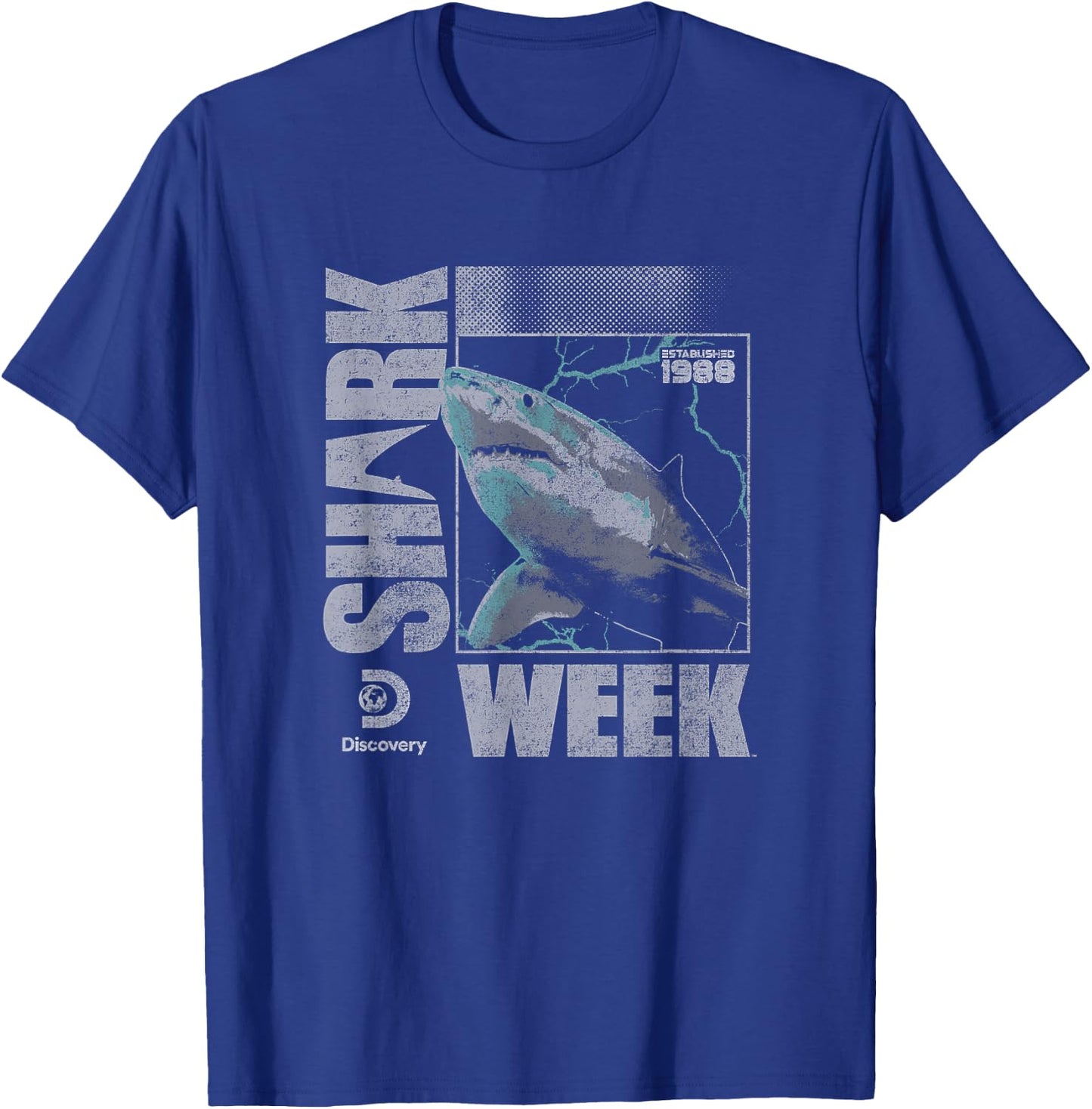 Shark Week Neon Lightning Glitch Great White Eighties Logo T-Shirt - T-Shirt | Royal