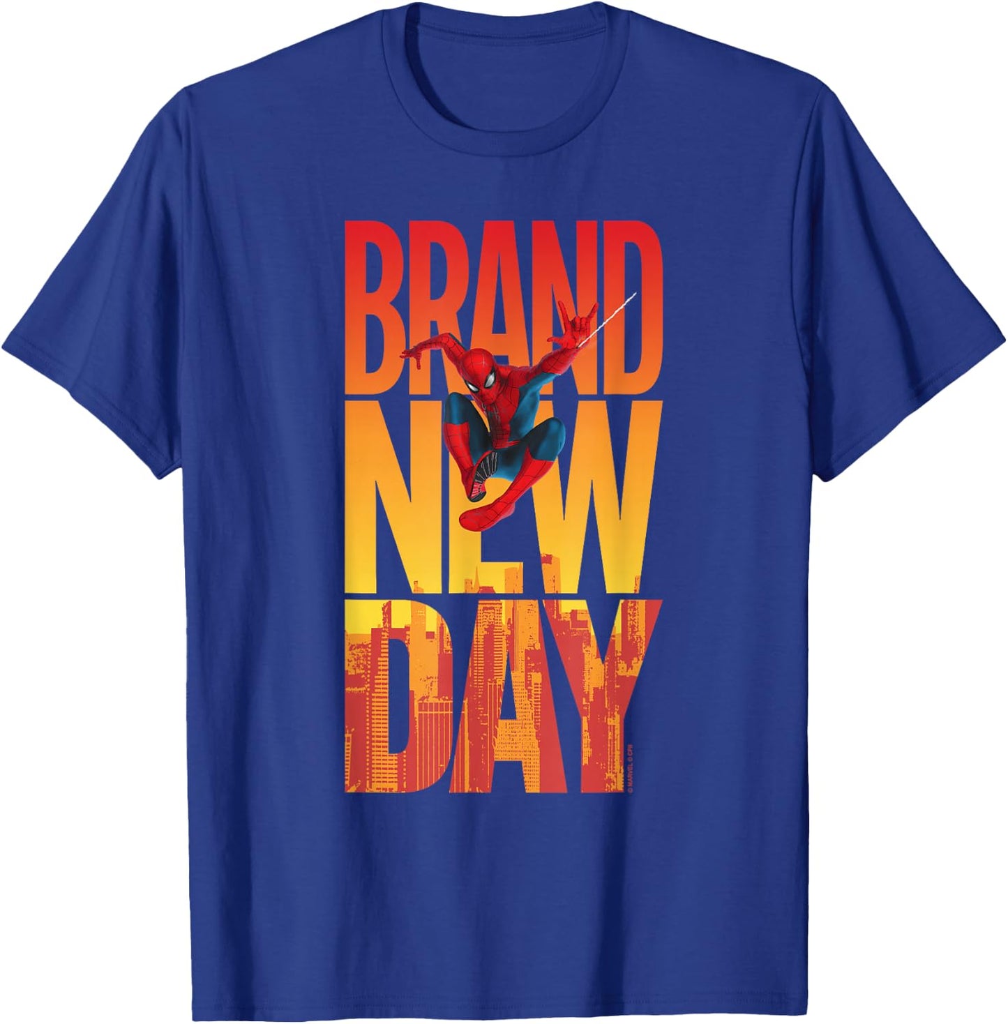 Marvel Spider-Man: New Day Spidey Sunset Text Stack T-Shirt - T-Shirt | Royal