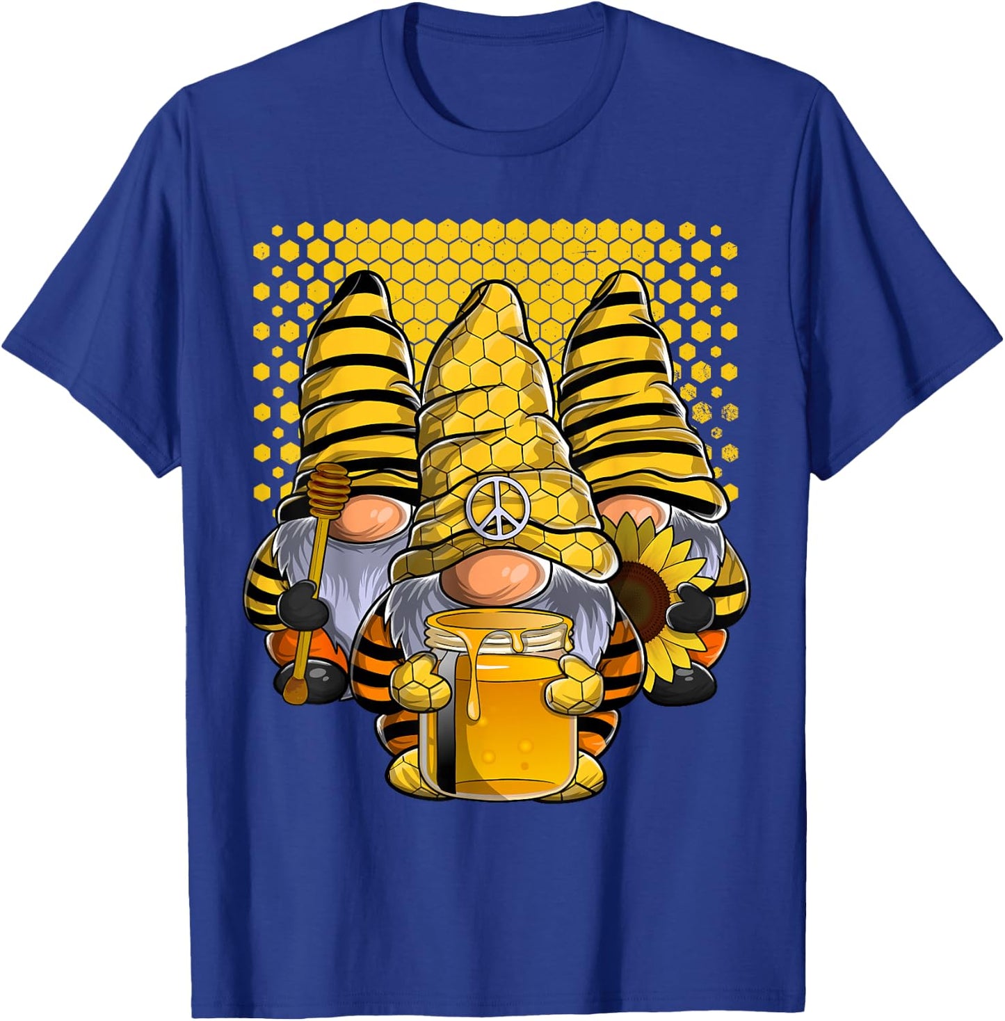 Three Honey Gnomes Sunflower Bee Peace Gnome T-Shirt - T-Shirt | Royal