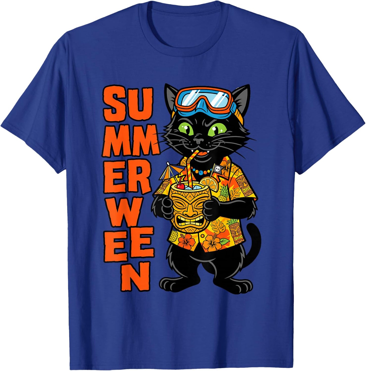 Summerween Cat Tiki Vacation T-Shirt - T-Shirt | Royal