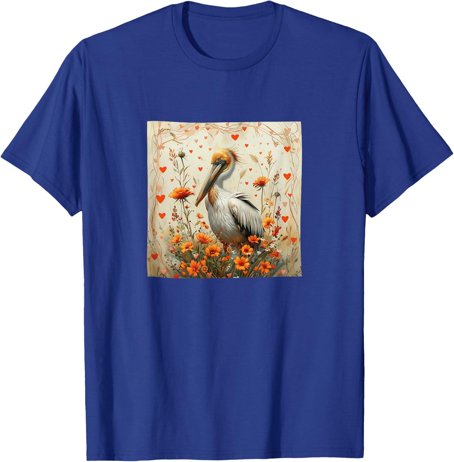 Pelican Flowers With Hearts Around Boho Style Graphic T-Shirt - T-Shirt | Royal