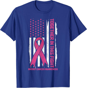 Breast Cancer Awareness Pink Ribbon American Flag Patriotic T-Shirt - T-Shirt | Royal