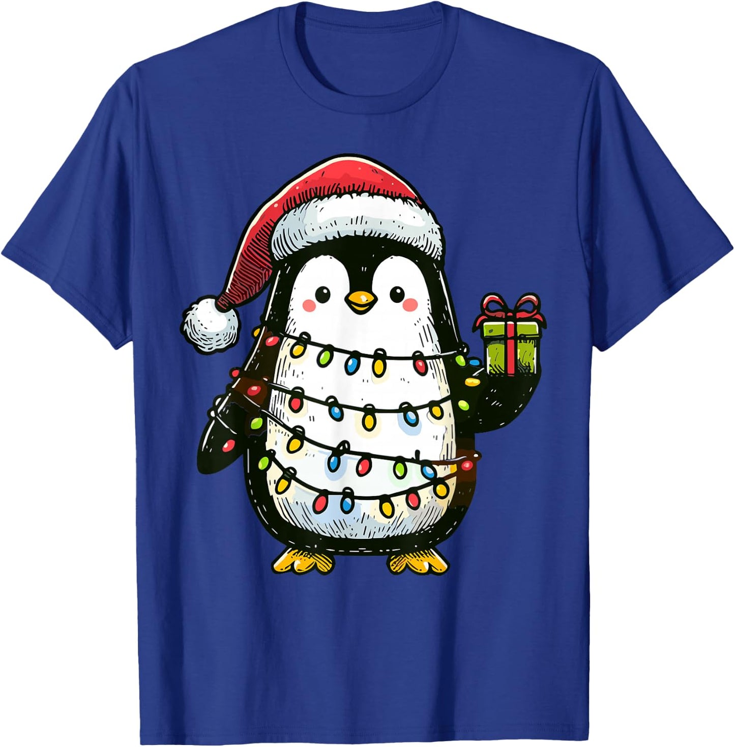 Penguin Wearing Santa Claus Hat Holding A Present Box Xmas T-Shirt - T-Shirt | Royal