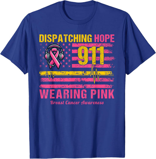 911 Dispatcher Breast Cancer Awareness US Flag We Wear Pink T-Shirt - T-Shirt | Royal