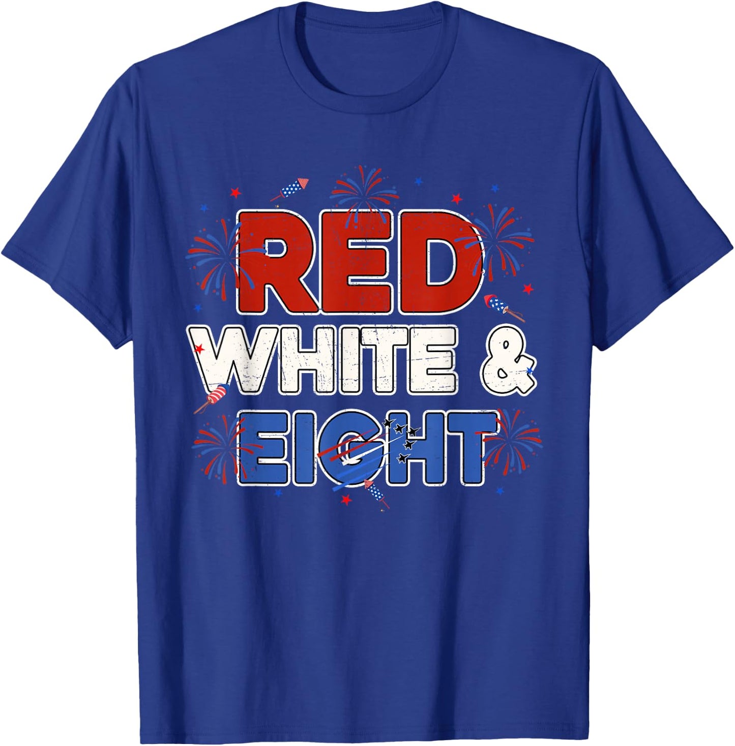 Red White & Eight 8th Birthday 4th July Fireworks Airplane T-Shirt - T-Shirt | Royal