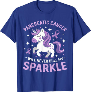 Pancreatic Cancer Will Never Dull My Sparkle Unicorn Ribbon T-Shirt - T-Shirt | Royal