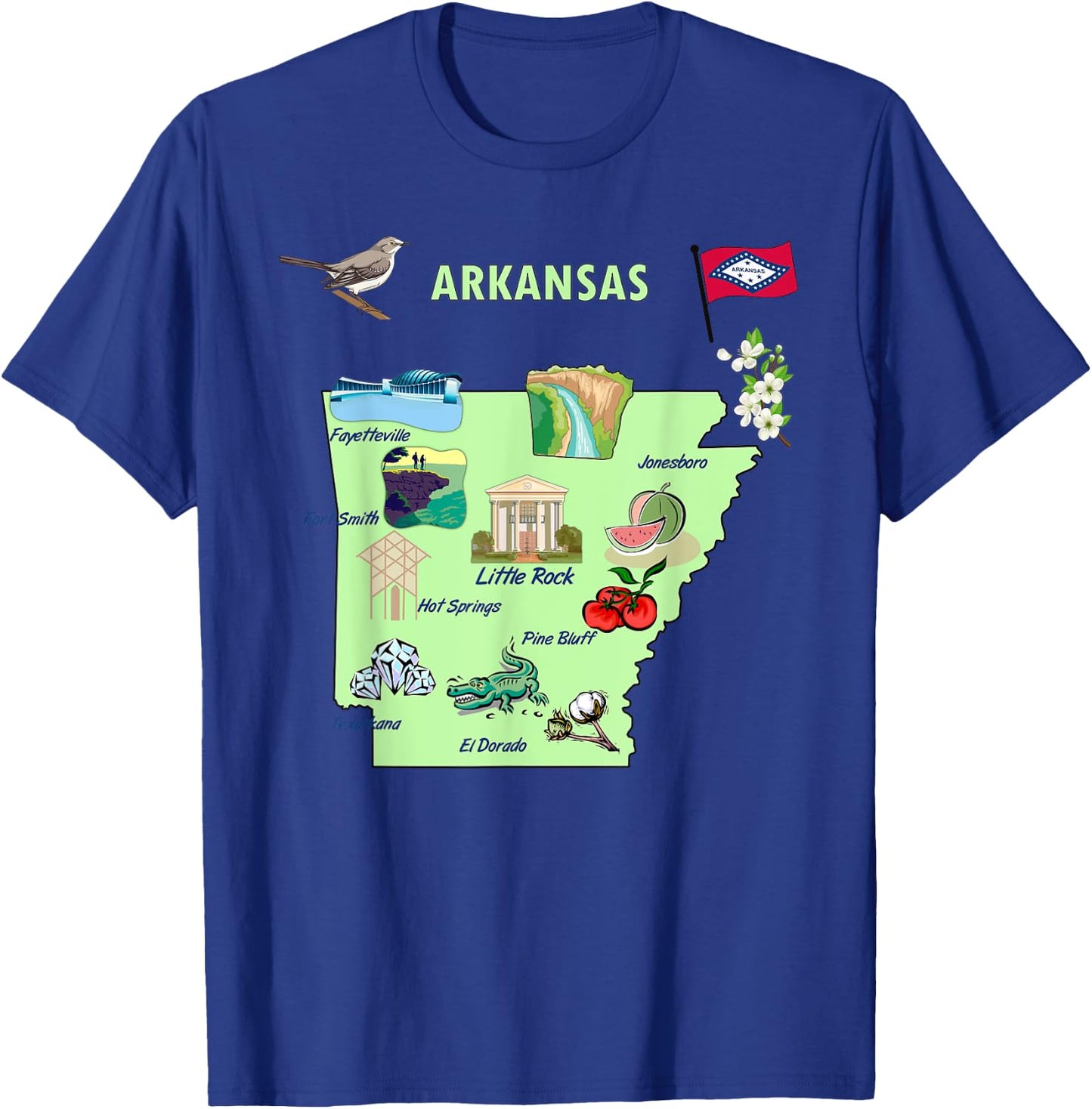 Arkansas state tourist map, landmarks, famous symbols, USA T-Shirt - T-Shirt | Royal