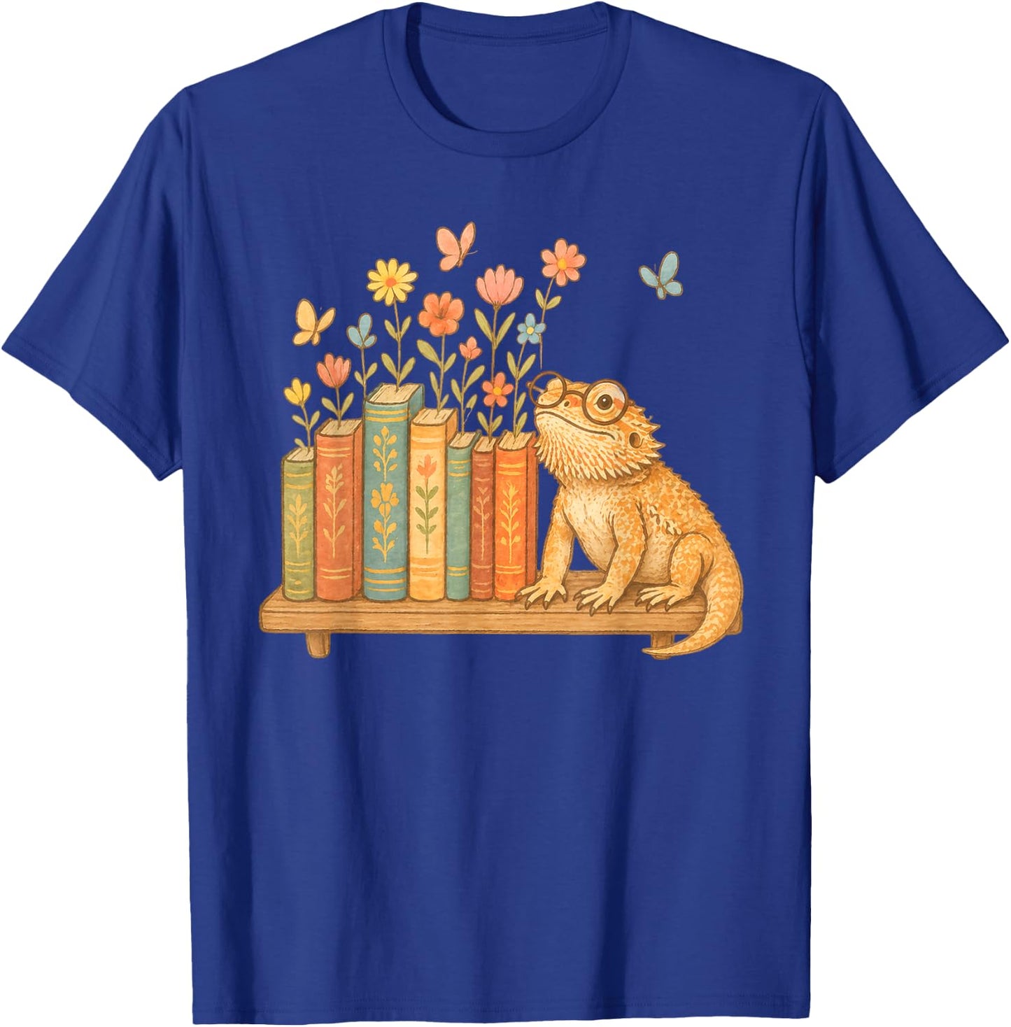 Cute Kawaii Bearded Dragon Books Flowers T-Shirt - T-Shirt | Royal