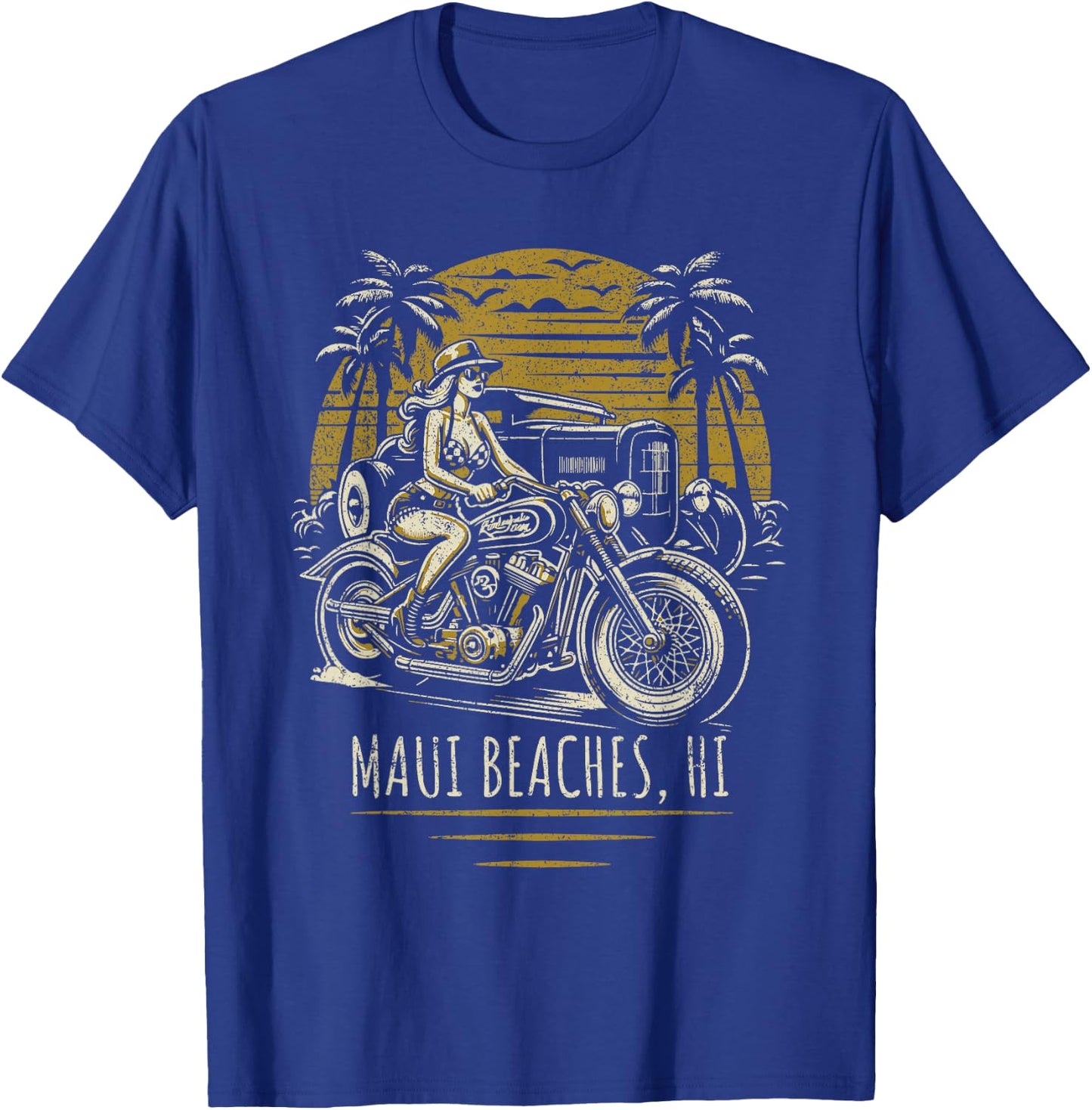 Maui Beaches Hawaii Motorcycle Hotrod Vintage Design T-Shirt - T-Shirt | Royal
