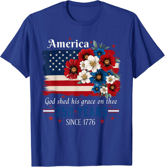 America The Beautiful Floral 250 Years Since 1776 T-Shirt - T-Shirt | Royal