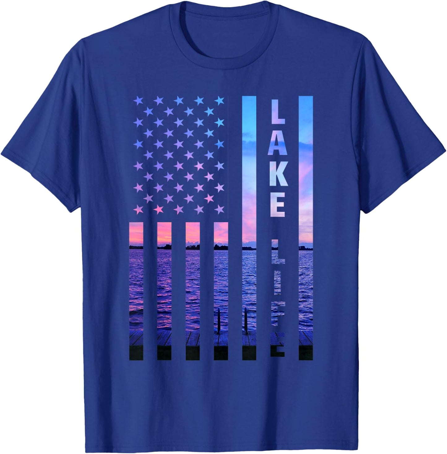 Lake Life American Flag Dock Sunset Wakeboarder Power Boat T-Shirt - T-Shirt | Royal
