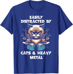 Easily distracted by cats and heavy metals - Funny Rock Cat , Black, S T-Shirt - T-Shirt | Royal