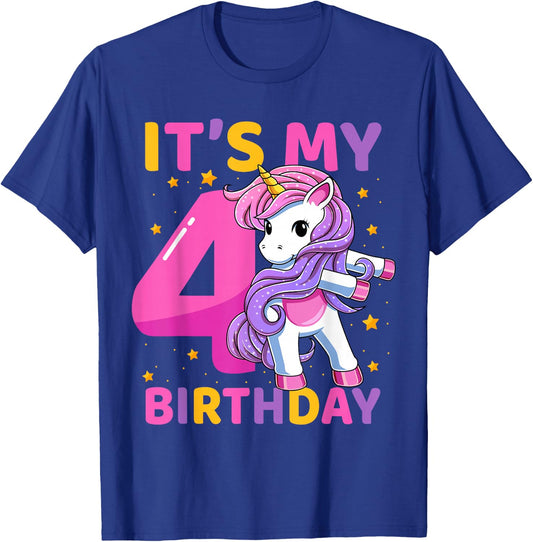4 Years Old Unicorn Flossing 4th Birthday Party Girls Kids T-Shirt - T-Shirt | Royal