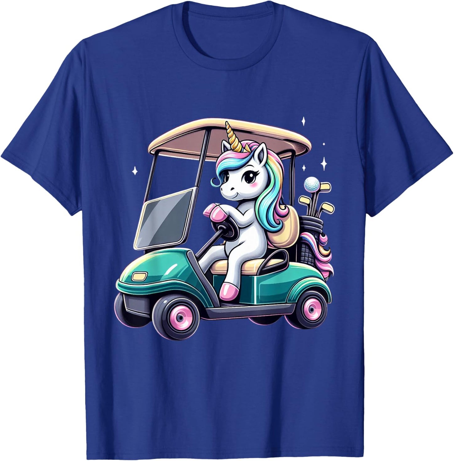 Unicorn Riding Golf Cart Boys Girls Women Kids Teens Rainbow T-Shirt - T-Shirt | Royal