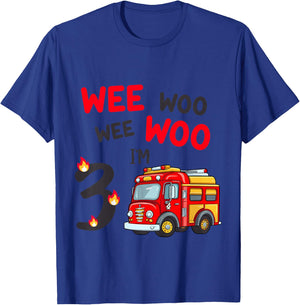 Wee Woo I'm 3 Years Old Red Fire Truck Boys 3rd Birthday T-Shirt - T-Shirt | Royal
