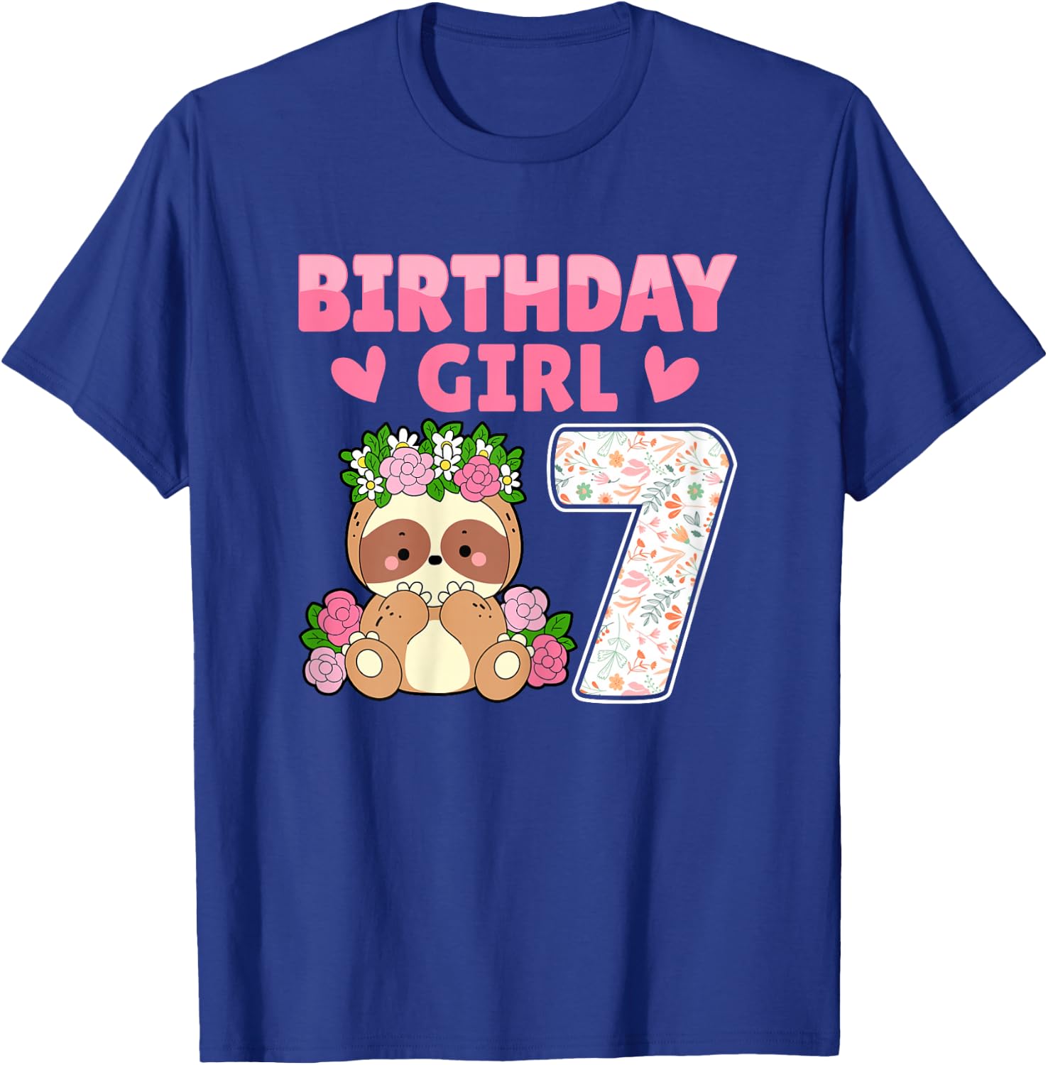 7th Birthday Party Sloth Lover 7 Years Old Birthday Girl T-Shirt - T-Shirt | Royal