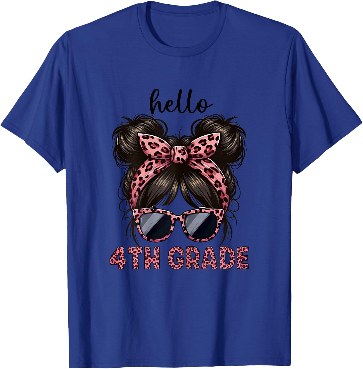 Hello 4th Grade Messy Hair Bun Girl Leopard Back To School T-Shirt - T-Shirt | Royal