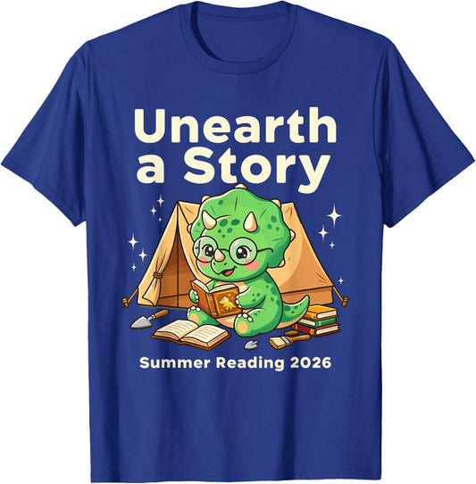 Unearth A Story Summer Reading 2026 Dinosaur Book Floral T-Shirt - T-Shirt | Royal