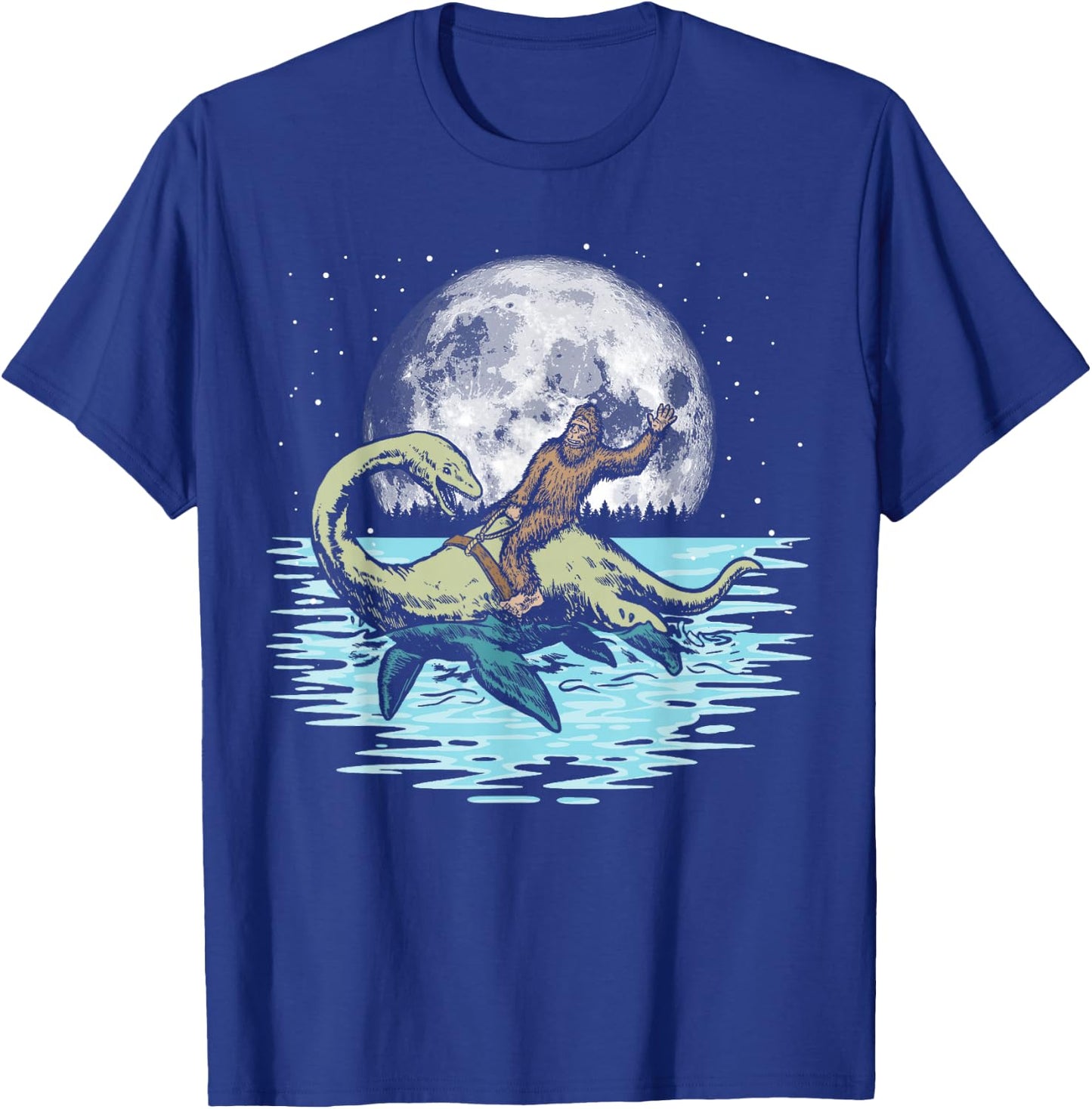 Funny Bigfoot Riding Nessie Loch Ness Monster & Full Moon T-Shirt - T-Shirt | Royal