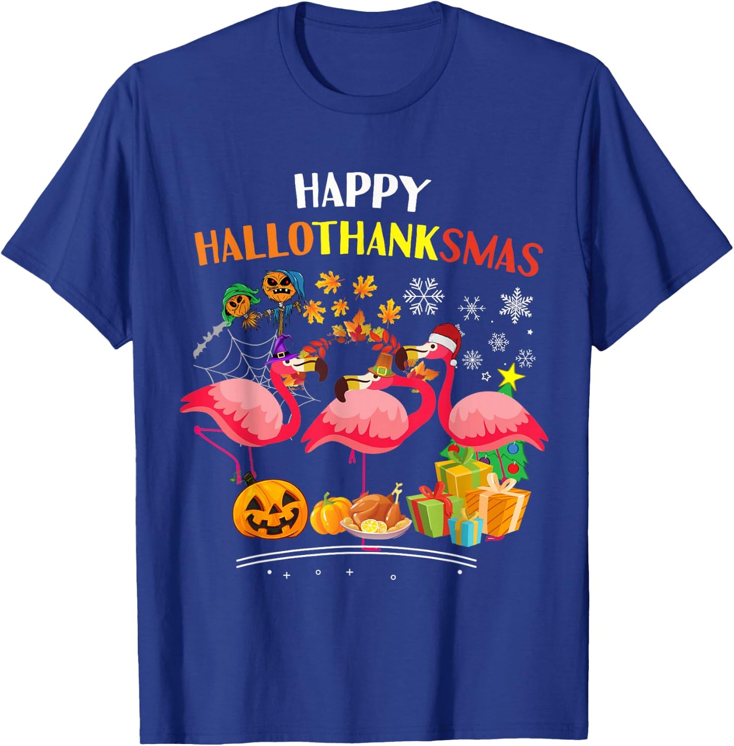 Flamingo Halloween Merry Christmas happy Hallothanksmas T-Shirt - T-Shirt | Royal