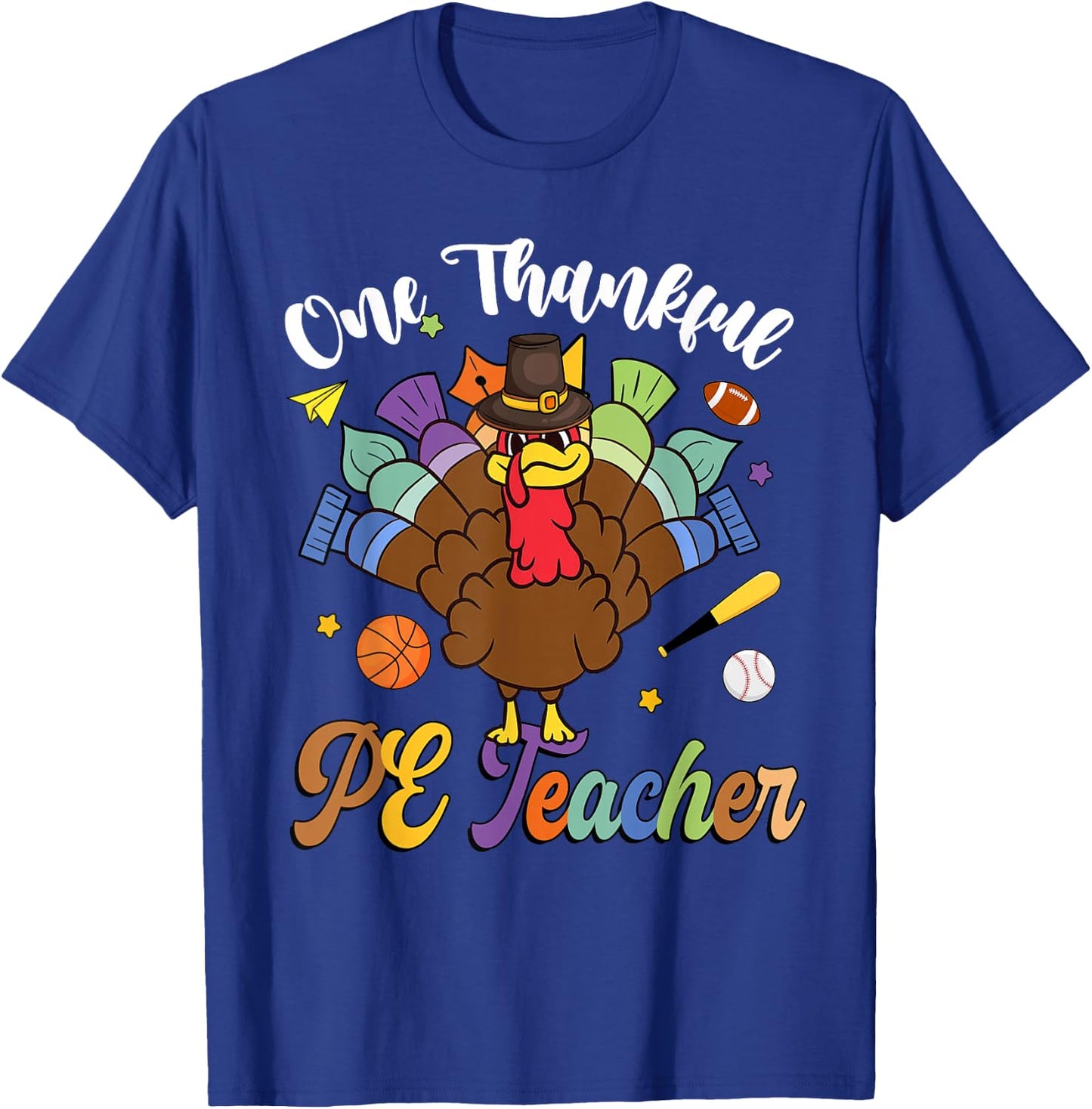 One Thankful PE Teacher Turkey Thanksgiving -Adults & Kids Classic Fit Black Polyester 100% Short Sleeve T-Shirt - T-Shirt | Royal