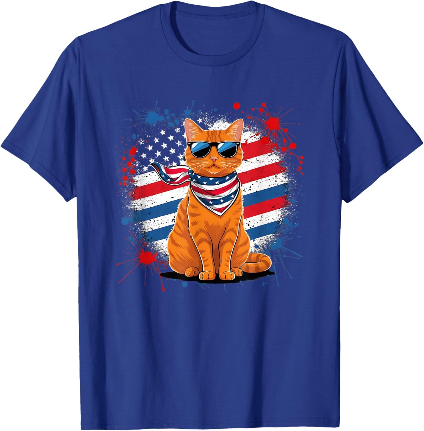 Funny Vintage Orange Tabby Cat Sunglasses Scarf USA Flag T-Shirt - T-Shirt | Royal