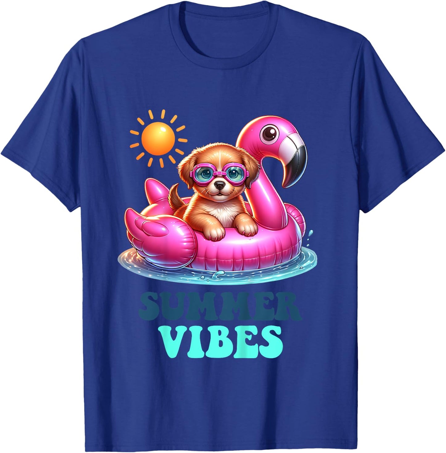 Kids Summer Vibes Beach Lover Cute Puppy Dog Pink Flamingo Girls T-Shirt - T-Shirt | Royal