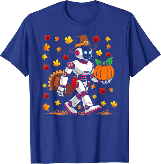 Robot thanksgiving Pilgrim Turkey Pumpkin fall autumn leaves T-Shirt - T-Shirt | Royal