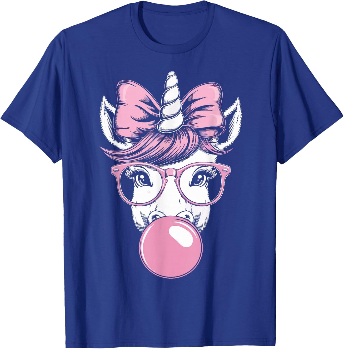 Unicorn Wearing Glasses and Blowing Pink Bubble Gum T-Shirt - T-Shirt | Royal