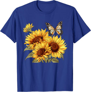 Sunflower and Butterfly , White T-Shirt - T-Shirt | Royal