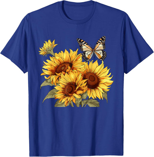 Sunflower and Butterfly , White T-Shirt - T-Shirt | Royal