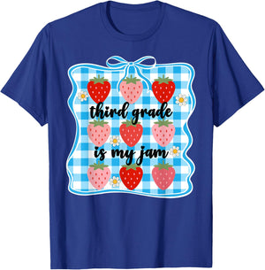 Third Grade is My Jam Strawberry Girls 3rd Grade Teacher Bow T-Shirt - T-Shirt | Royal