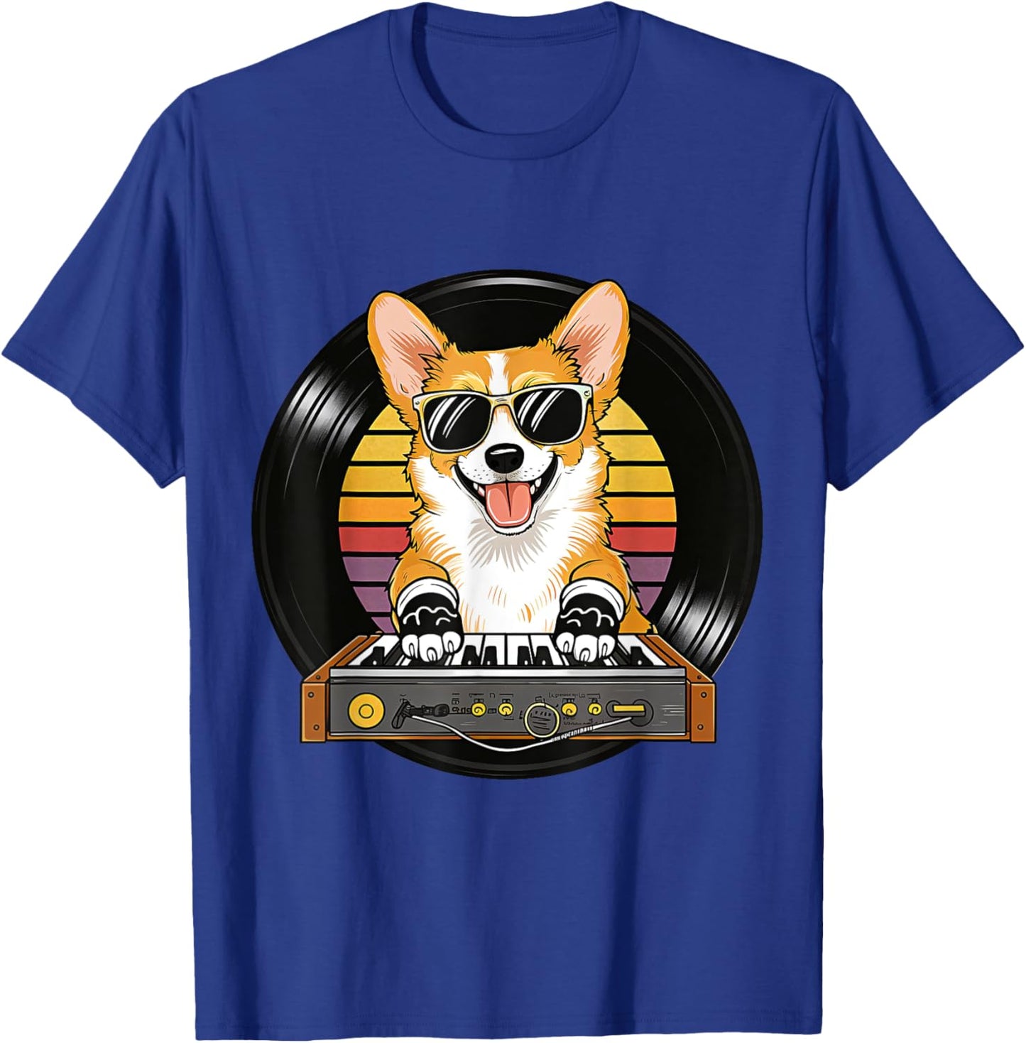 Funny Cute Corgi Synthesizer Dog Lover Playing Music Retro T-Shirt - T-Shirt | Royal