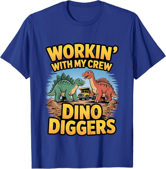 Kids Dino Diggers Construction Team Work Party Outfit T-Shirt - T-Shirt | Royal