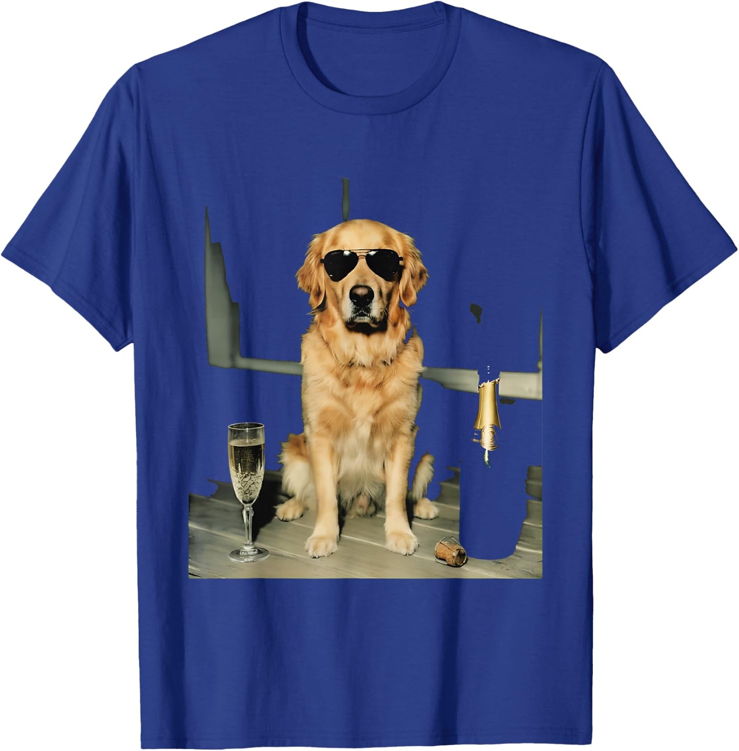 Golden Retriever Drinking Champagne Funny Dog Sunglasses T-Shirt - T-Shirt | Royal