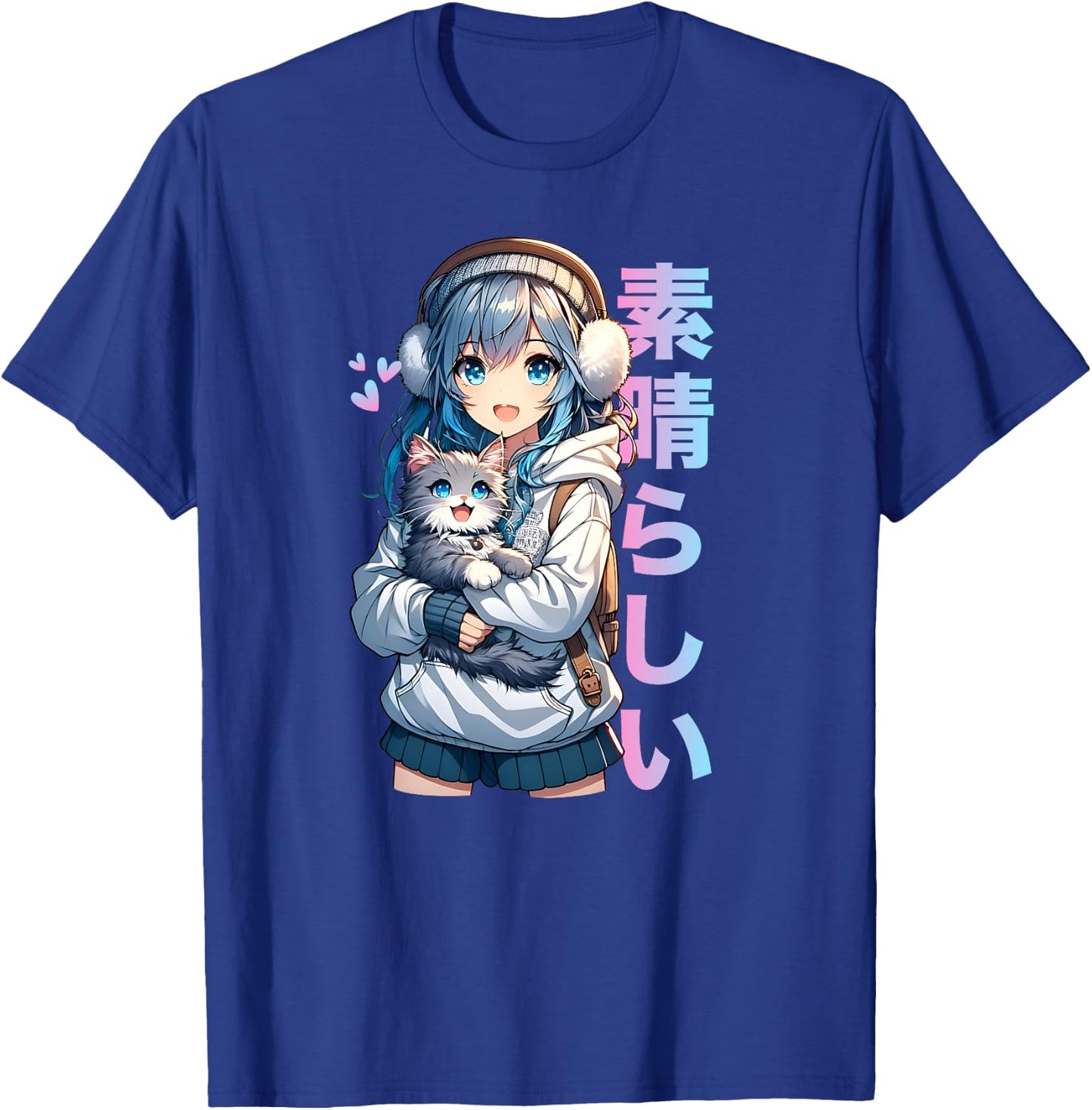 Mignon Anime Fille avec Un Chat pour Amoureux des Chats Kawaii Otaku Manga Haut de Gamme T-Shirt - T-Shirt | Royal