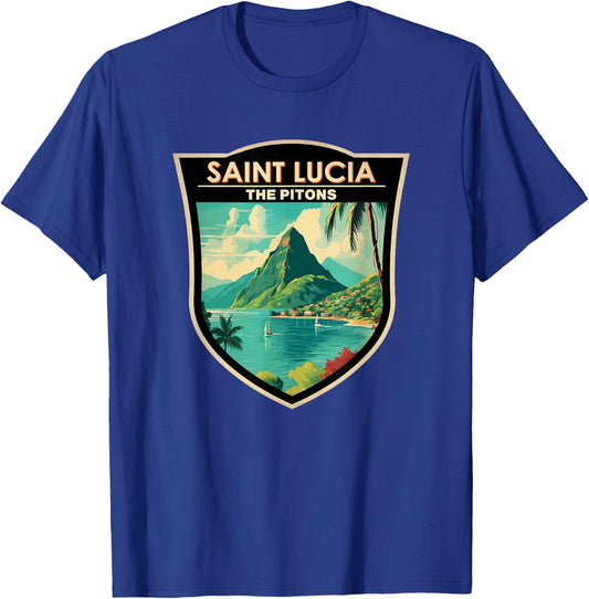 Saint Lucia The Pitons Travel Art Landmark Badge Vintage T-Shirt - T-Shirt | Royal