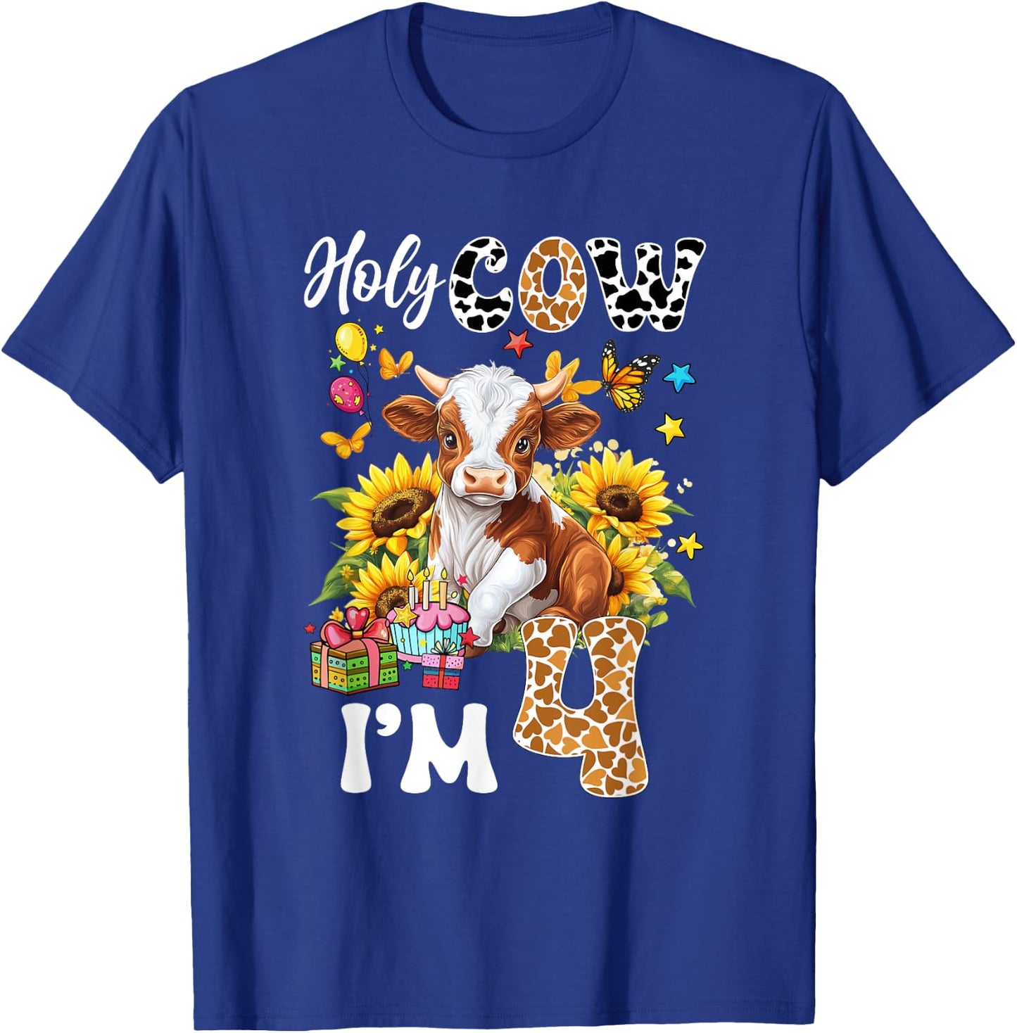 Holy Cow I'm 4 Years Old Farm Cow Sunflowers 4Th Birthday T-Shirt - T-Shirt | Royal