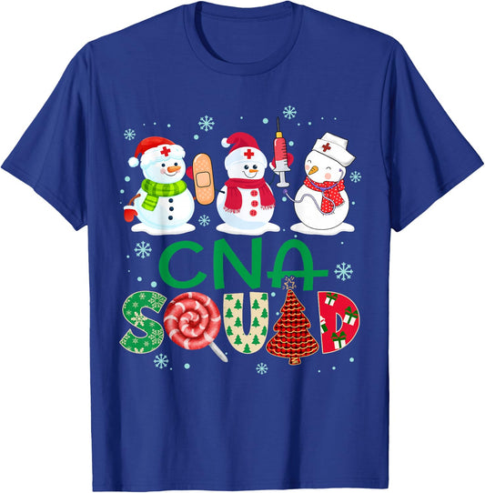 CNA Squad Nurse Snowmies Stethoscope Christmas Pine Plaid T-Shirt - T-Shirt | Royal