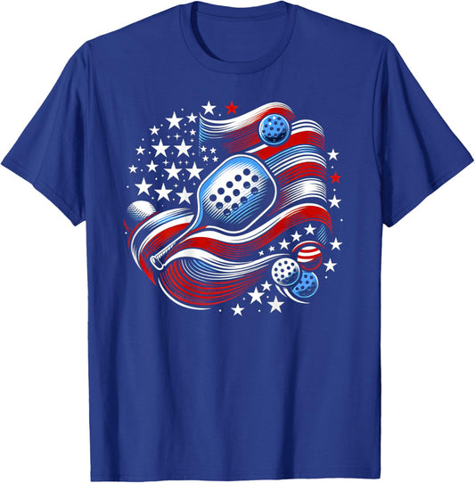 Design on Back Patriotic Stars Stripes USA Flag Pickleball T-Shirt - T-Shirt | Royal