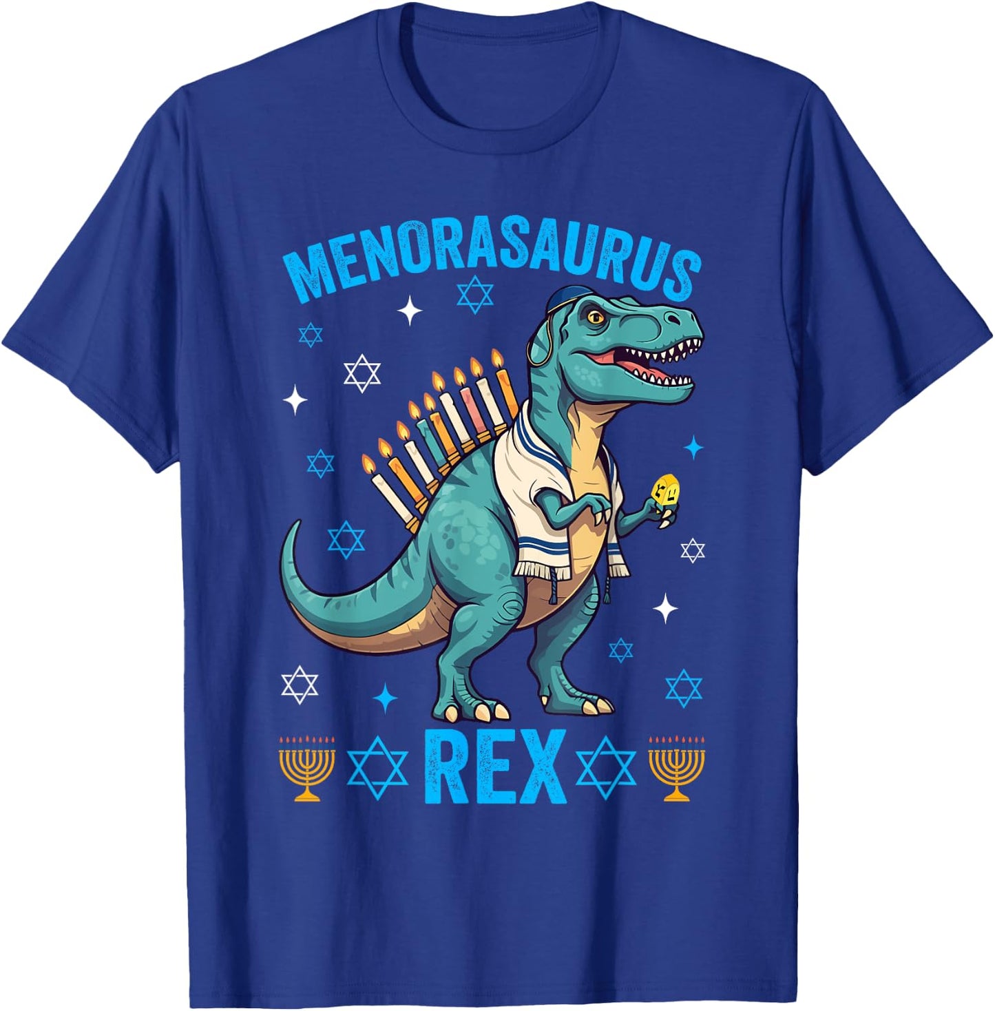 Funny Hanukkah Menorasaurus Trex Dinosaur Jewish Chanukah T-Shirt - T-Shirt | Royal