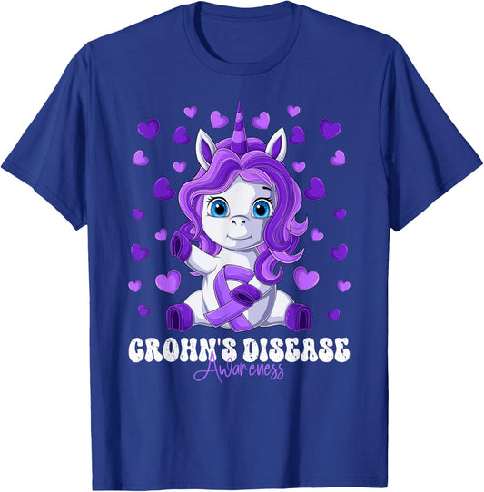 Crohn's Disease Awareness Month Purple Ribbon Unicorn T-Shirt - T-Shirt | Royal