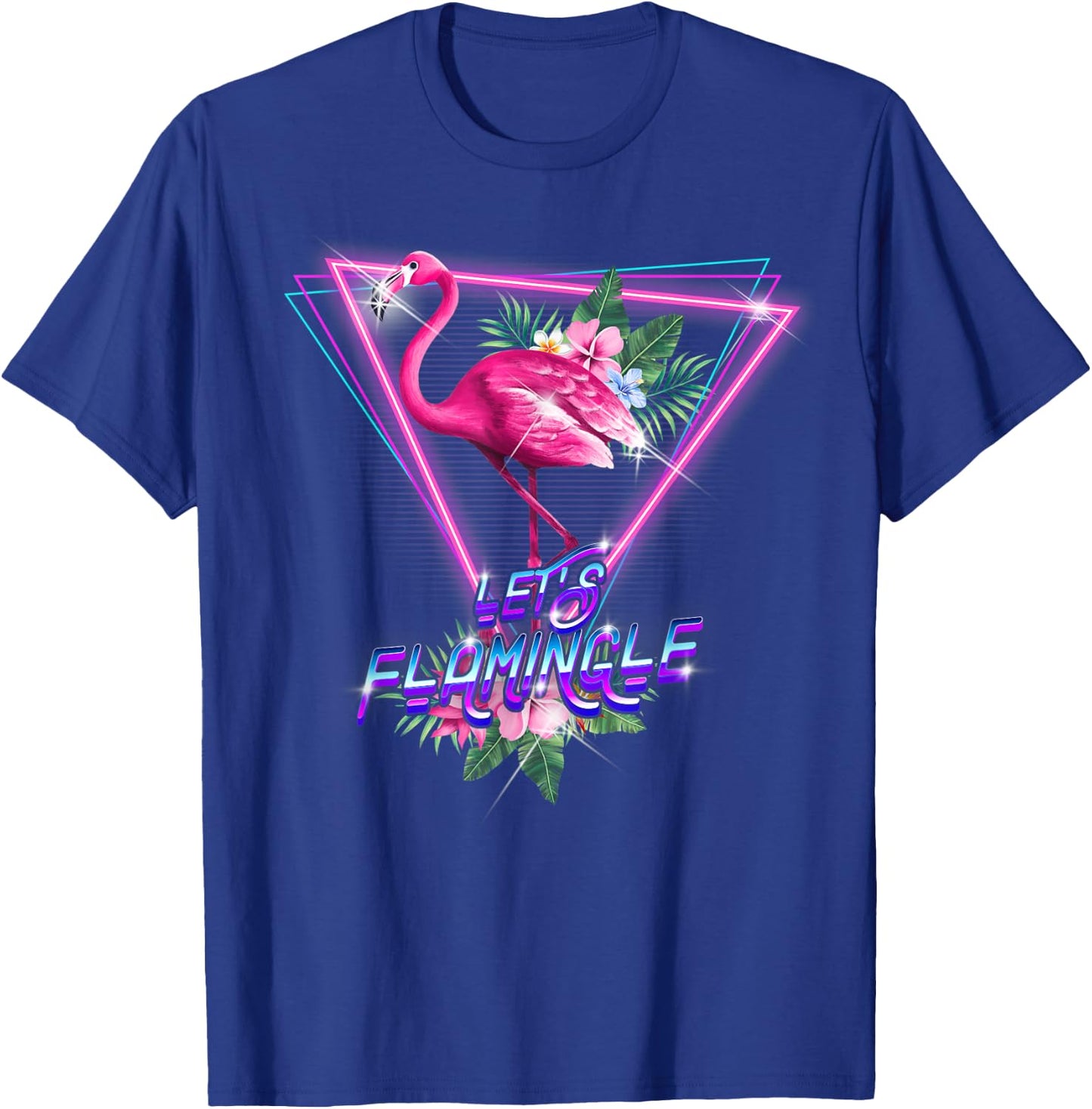 Retro 80s Botanical Tropical Leaf Flowers Let's Flamingle T-Shirt - T-Shirt | Royal